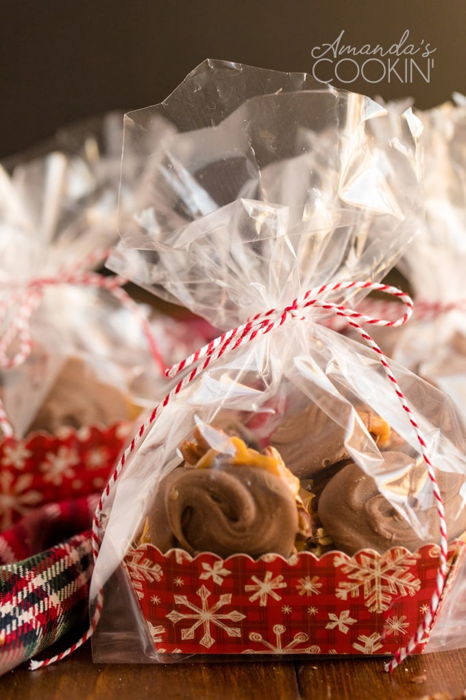 cellophne gift bags with homemade chocolate turtles