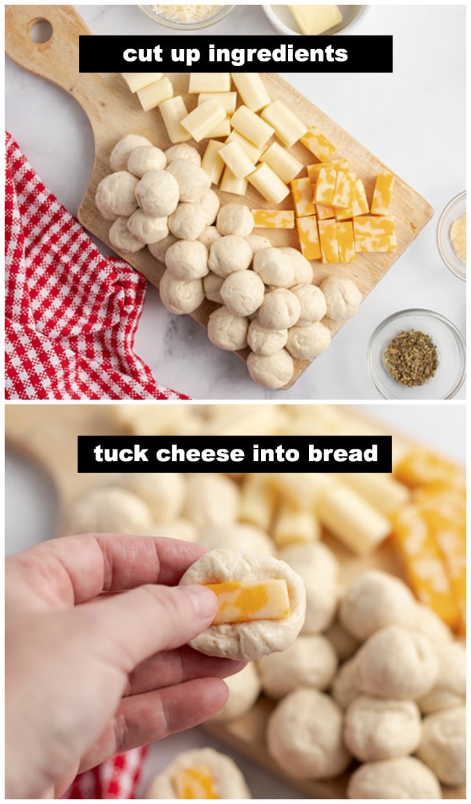 pushing cheese into a biscuit
