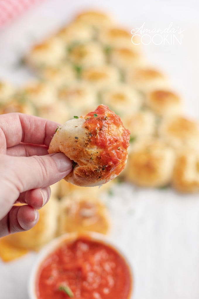 cheese bread ball dipped in pizza sauce