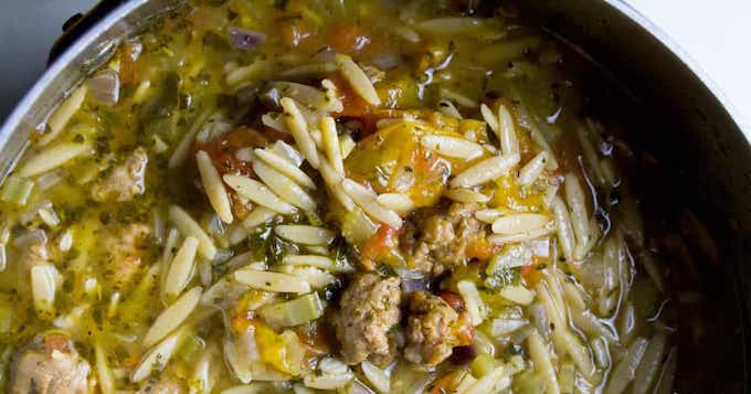 Italian Sausage Tomato Orzo Soup Recipe - Amanda's Cookin'