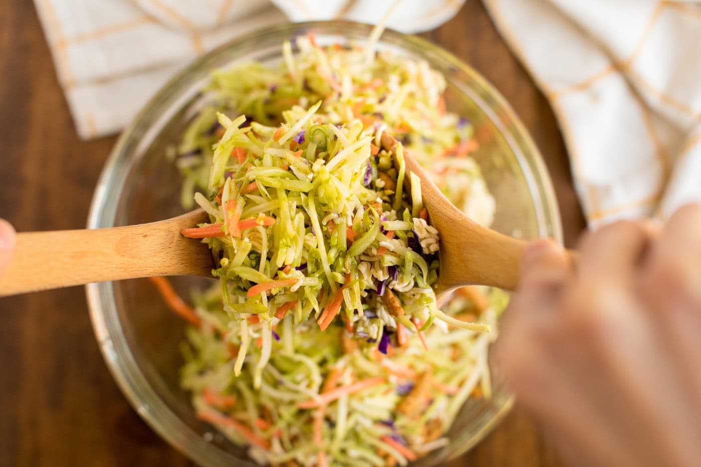 mixing Asian Broccoli Slaw ingredients together