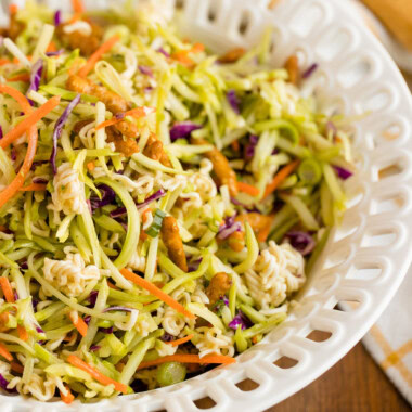 white bowl of Asian Broccoli Slaw