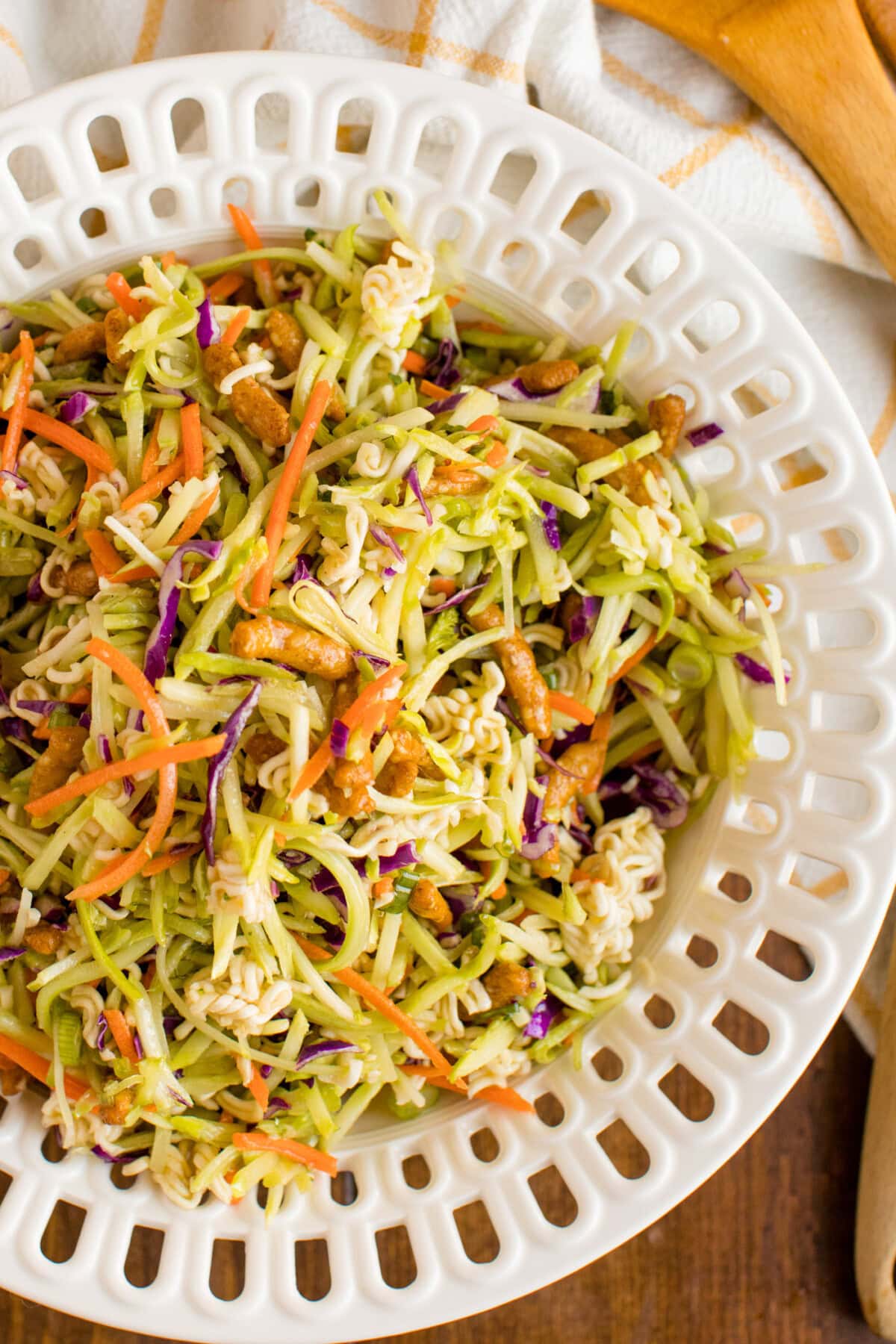 close up photo of Asian Broccoli Slaw in a white bowl