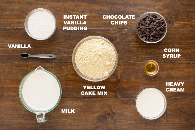 photo of labeled ingredients for boston cream poke cake: yellow cake mix, milk, pudding ,chocolate chips, corn syrup, heavy cream, vanilla