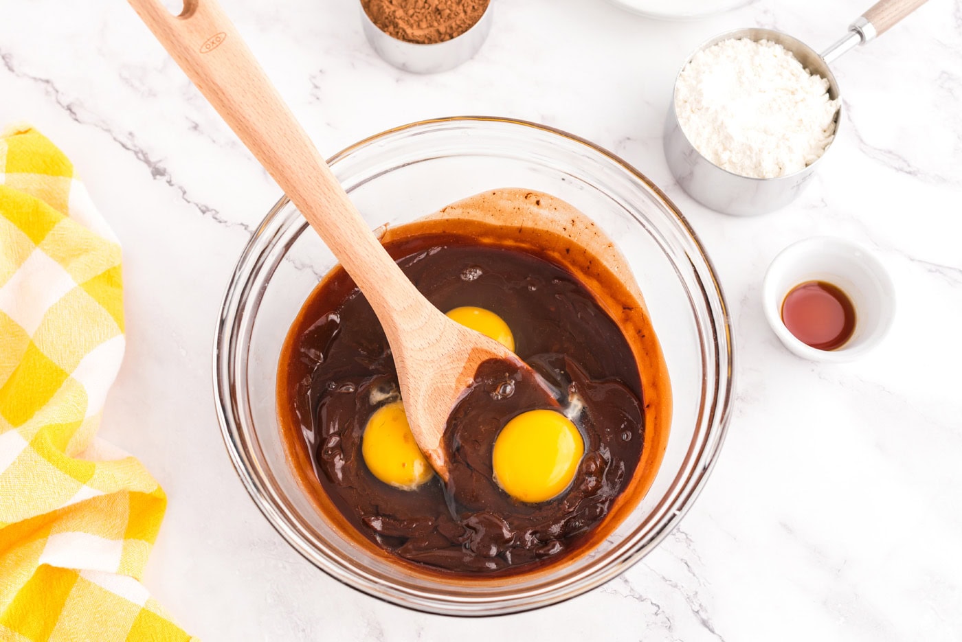 eggs and brownie batter in bowl