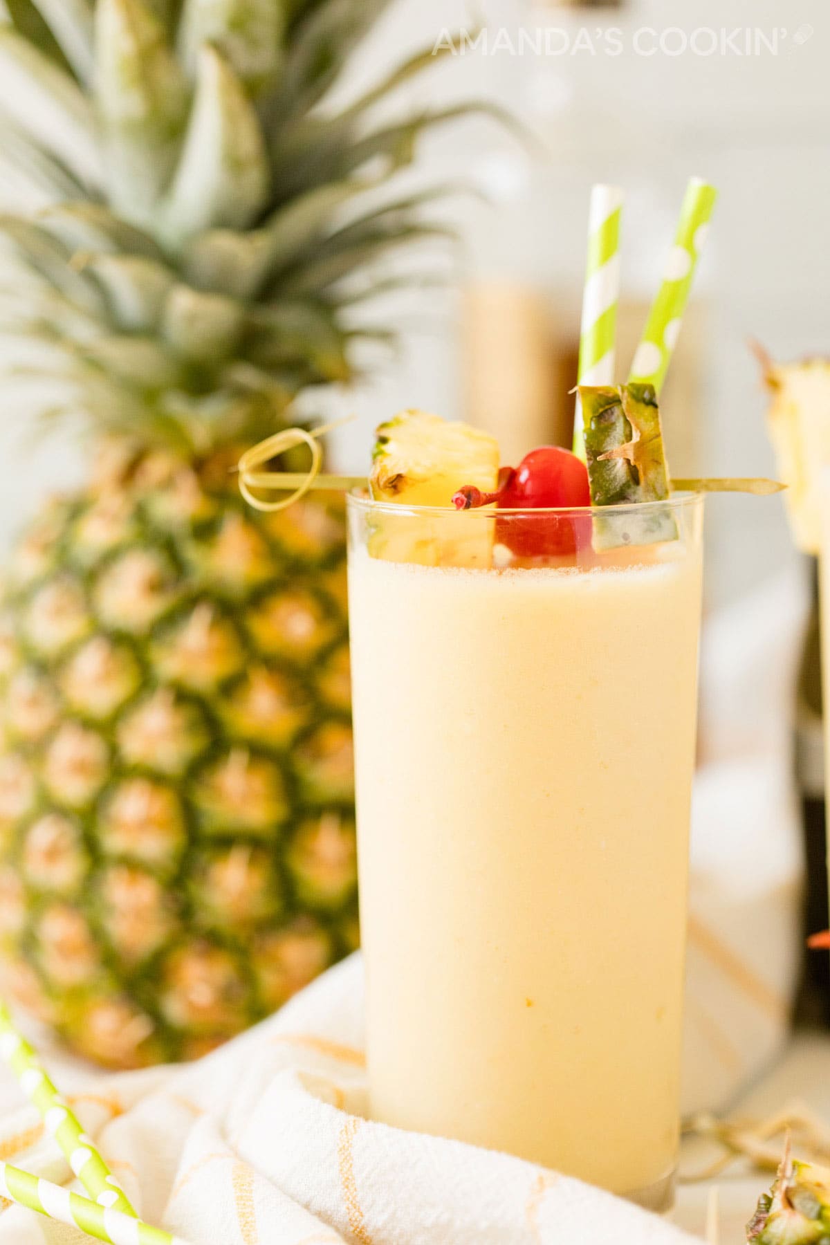 side view of a pineapple rum slush cocktail