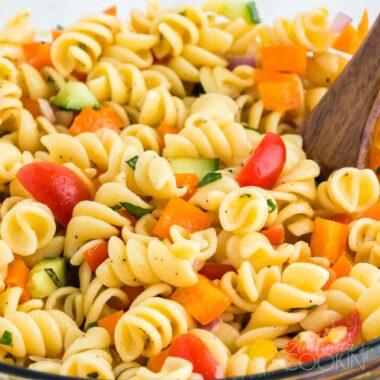 close up of pasta salad in a bowl