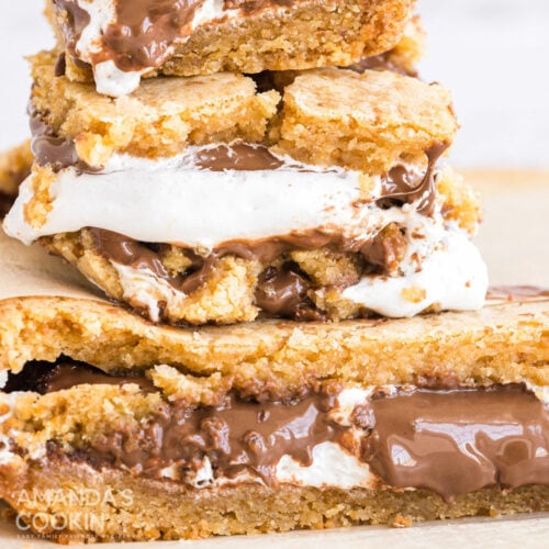 close up of smores bars stacked on each other