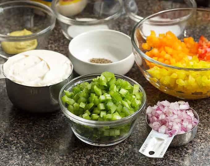 chopped vegetables in small dishes