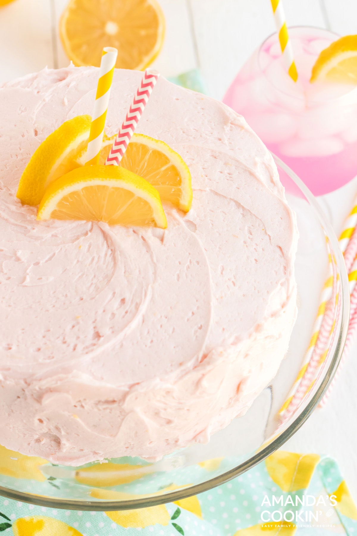 pink lemonade cake on a platter