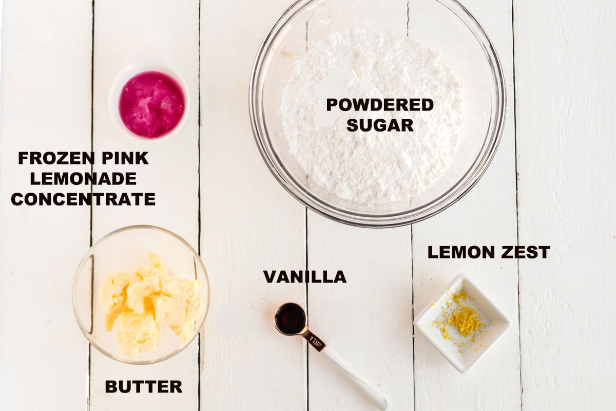 labeled ingredients for pink lemonade cake frosting