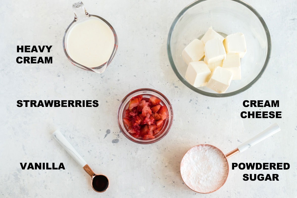 labeled ingredients for strawberry cream cheese frosting