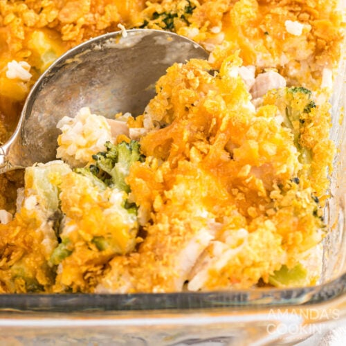 close up of spoon in Make Chicken Broccoli Rice Casserole