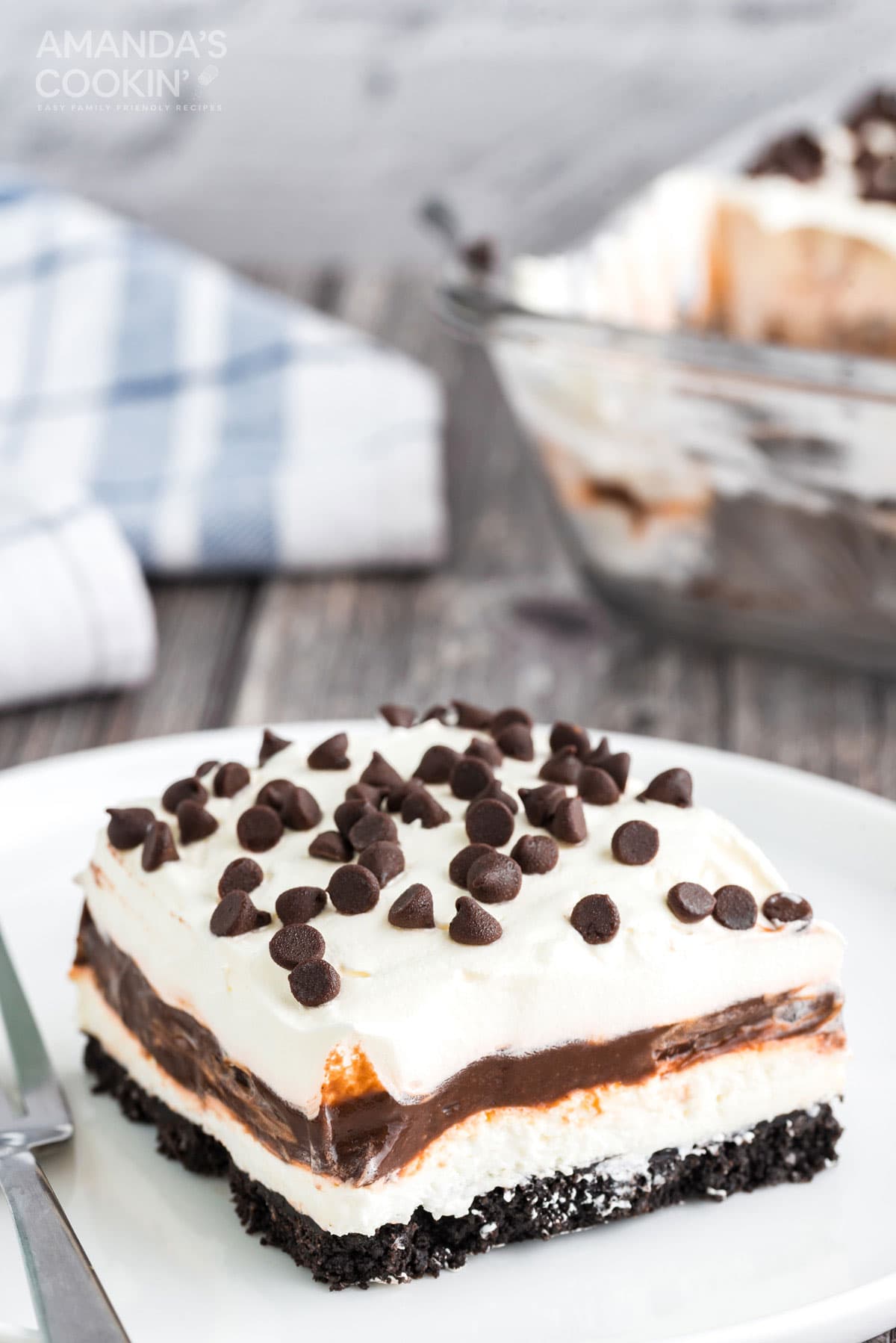 slice of chocolate lasagna on a white plate