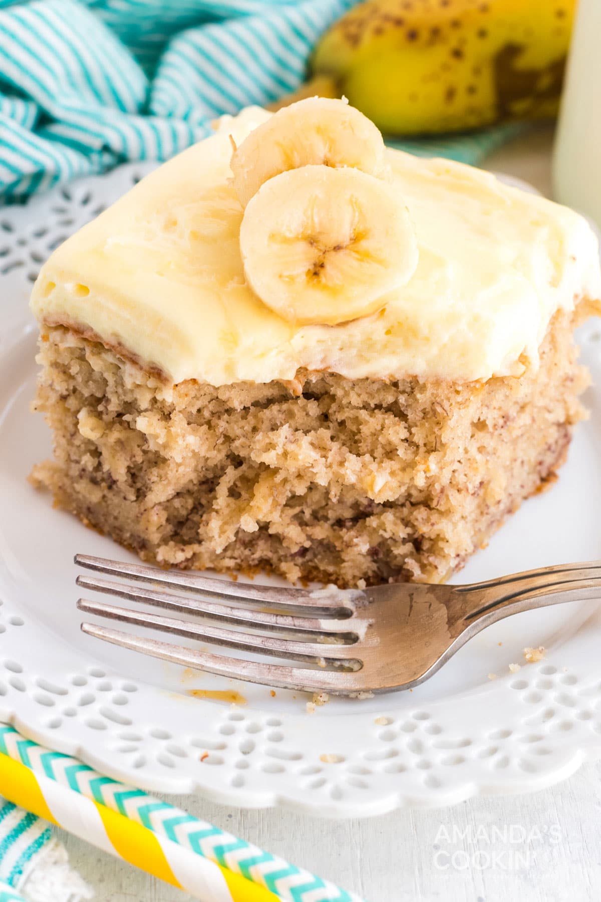 slice of banana cake with a bite out of it