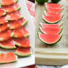 two photos side by side showing watermelon jello shots - one made with watermelon rind and the other with lime rind
