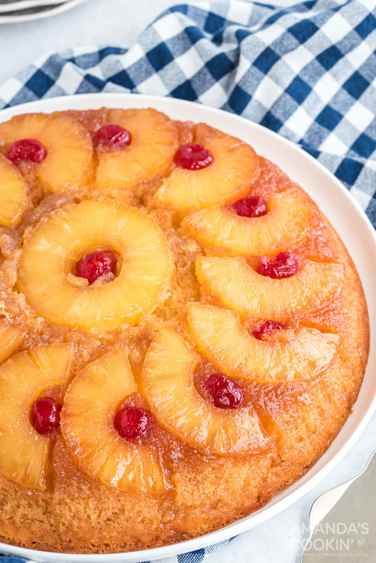 close up of pineapple upside down cake