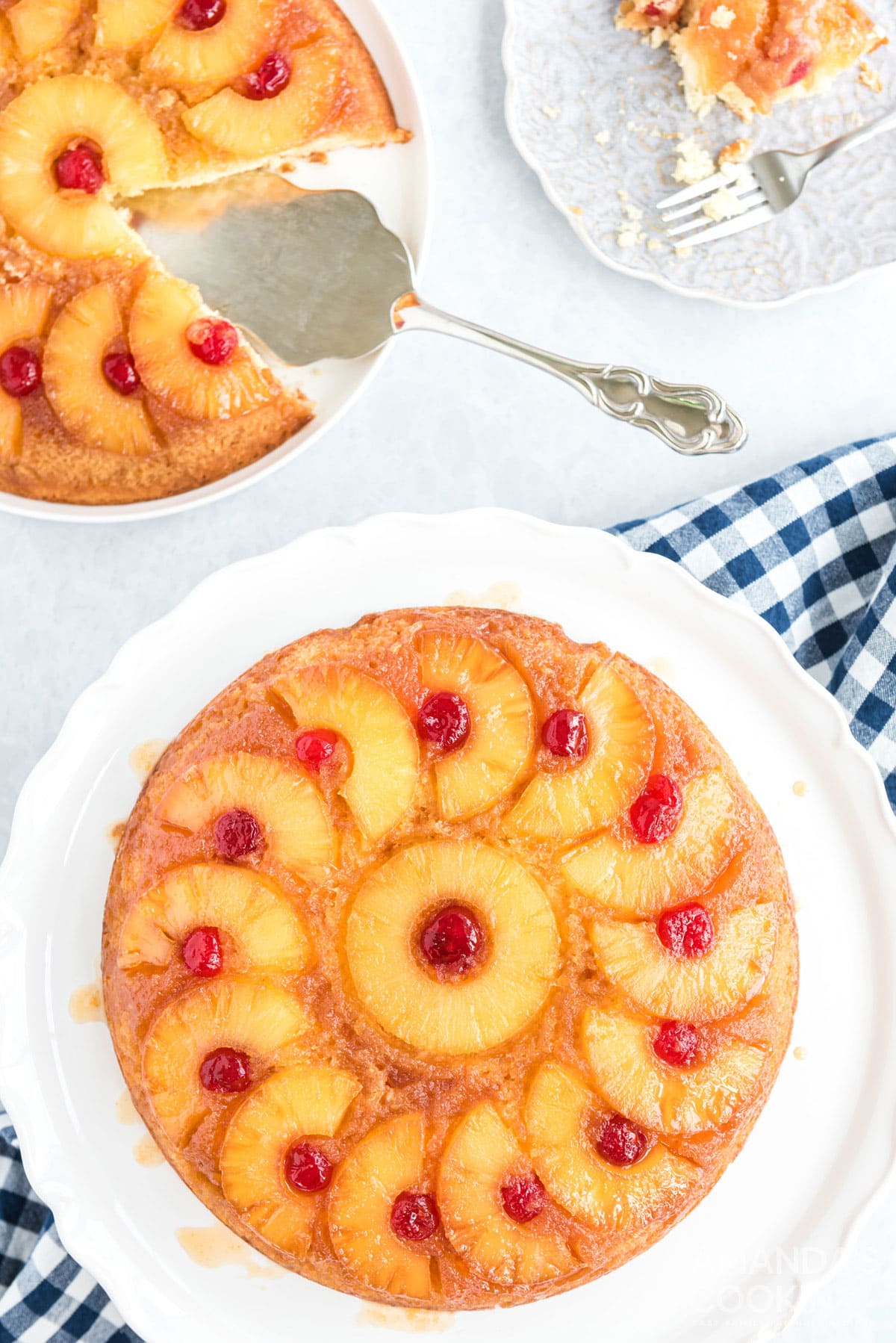overhead view of two pineapple upside down cakes