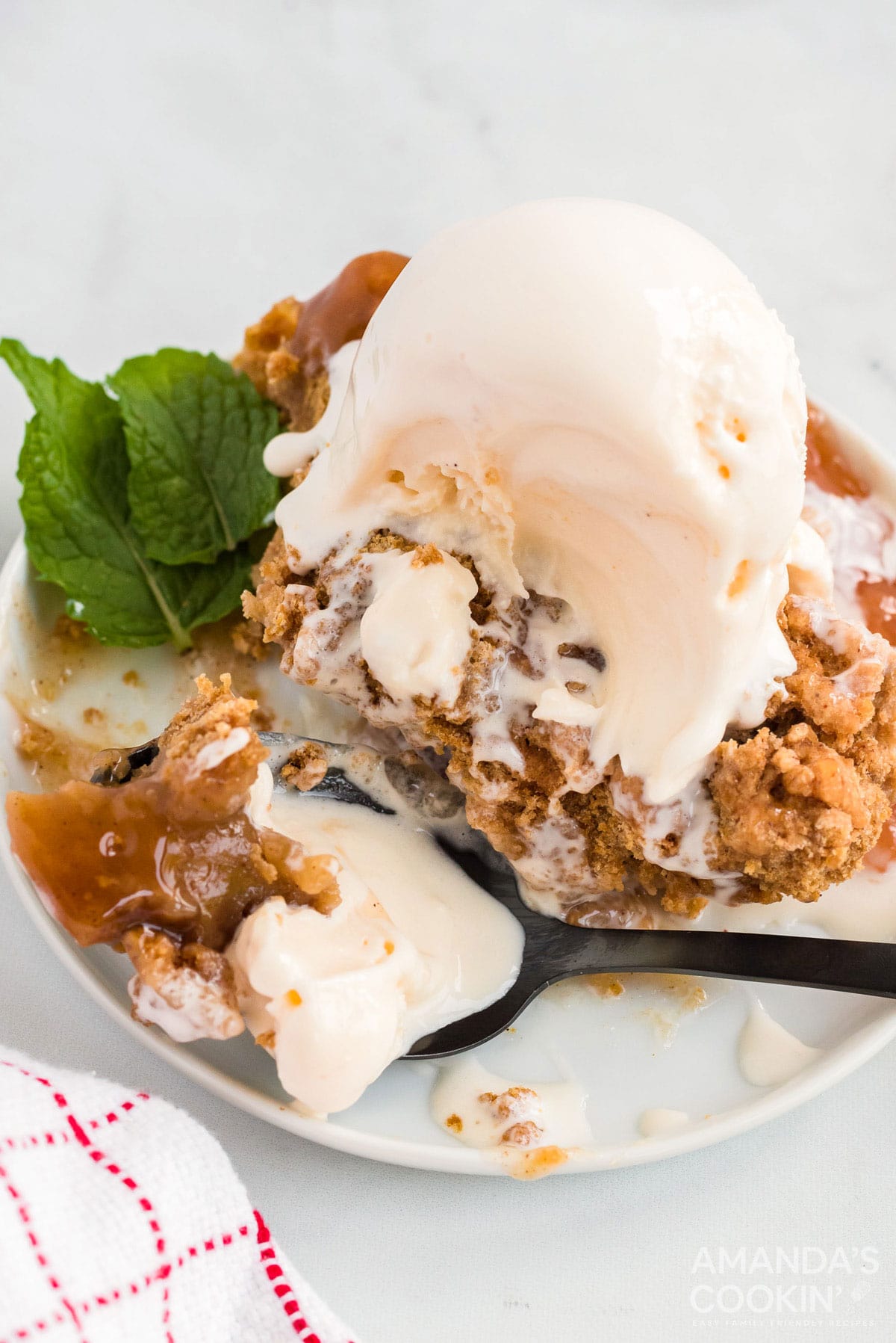 apple cobbler with ice cream on a plate