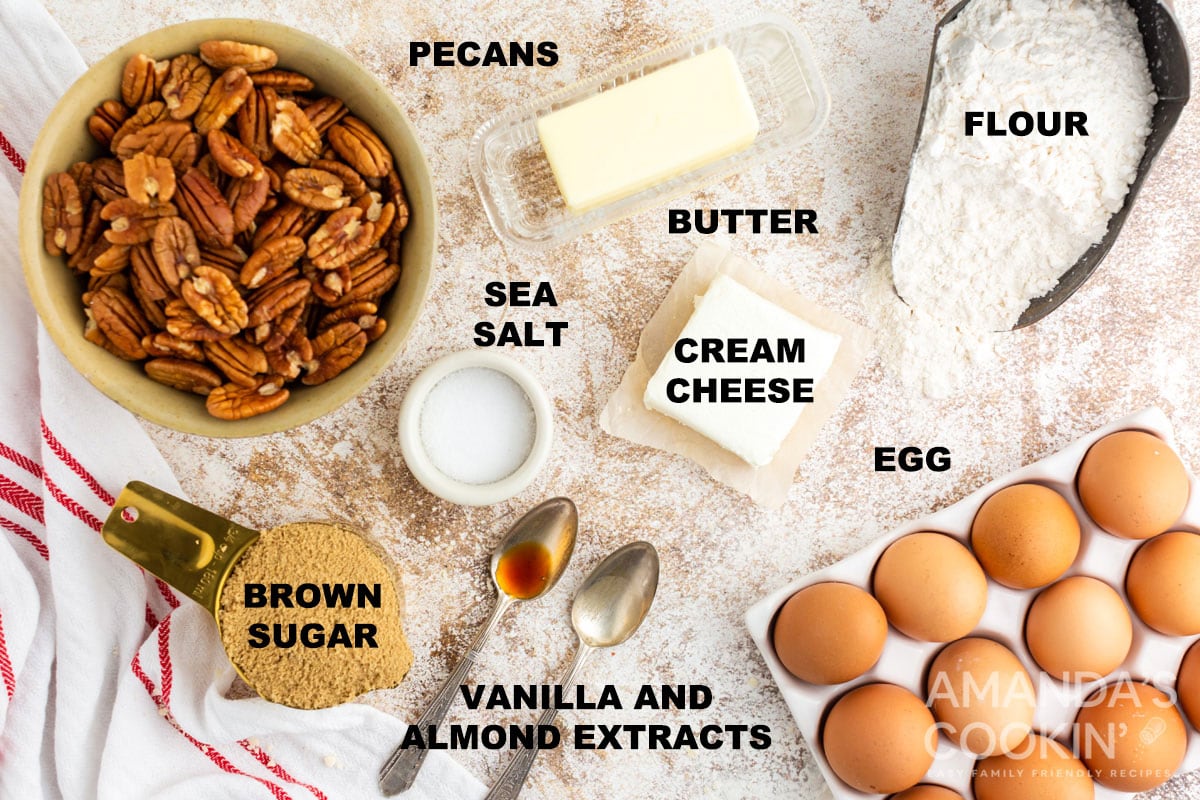 labeled ingredients for making pecan tassie cookies