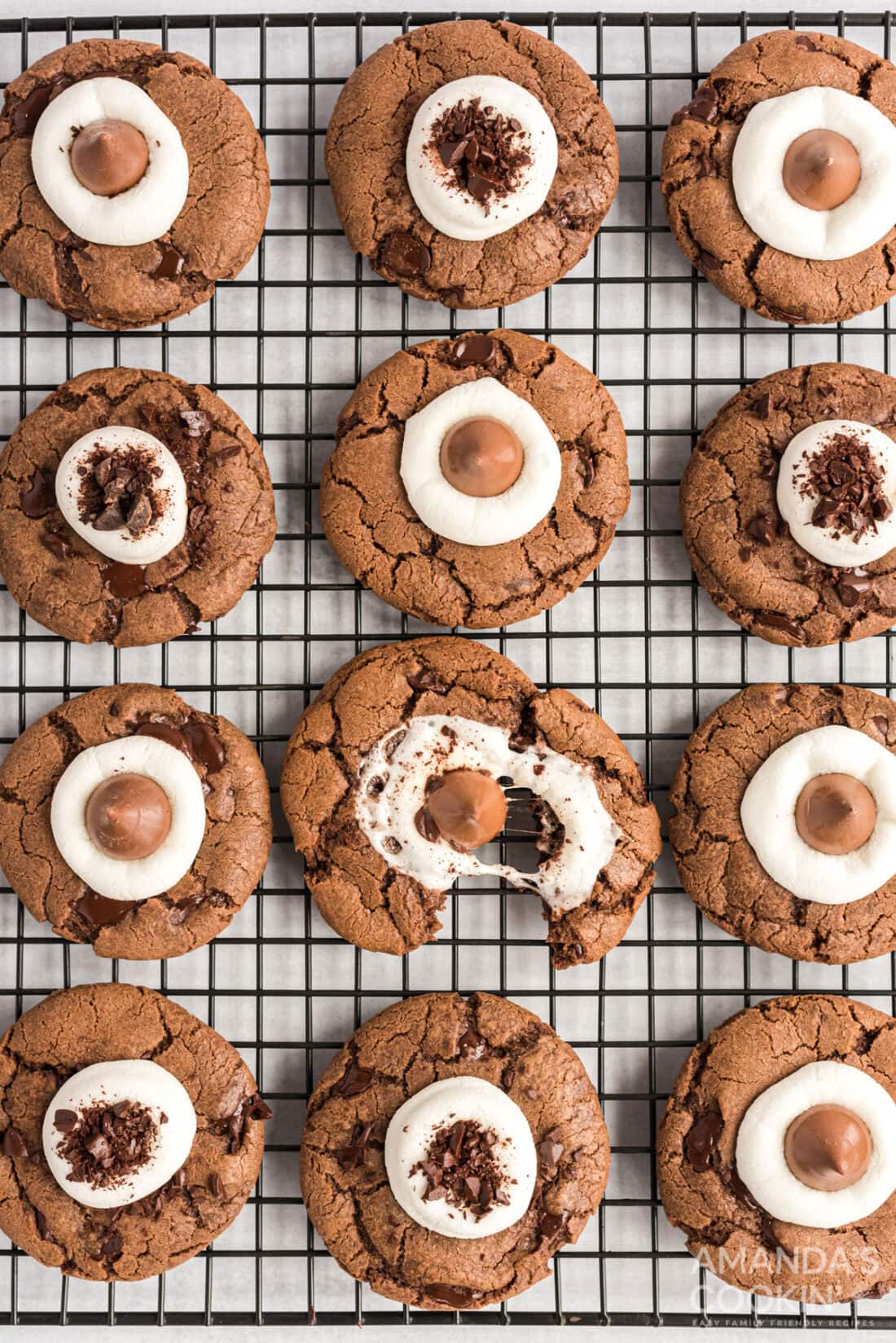 hot cocoa cookies on a cooling rack
