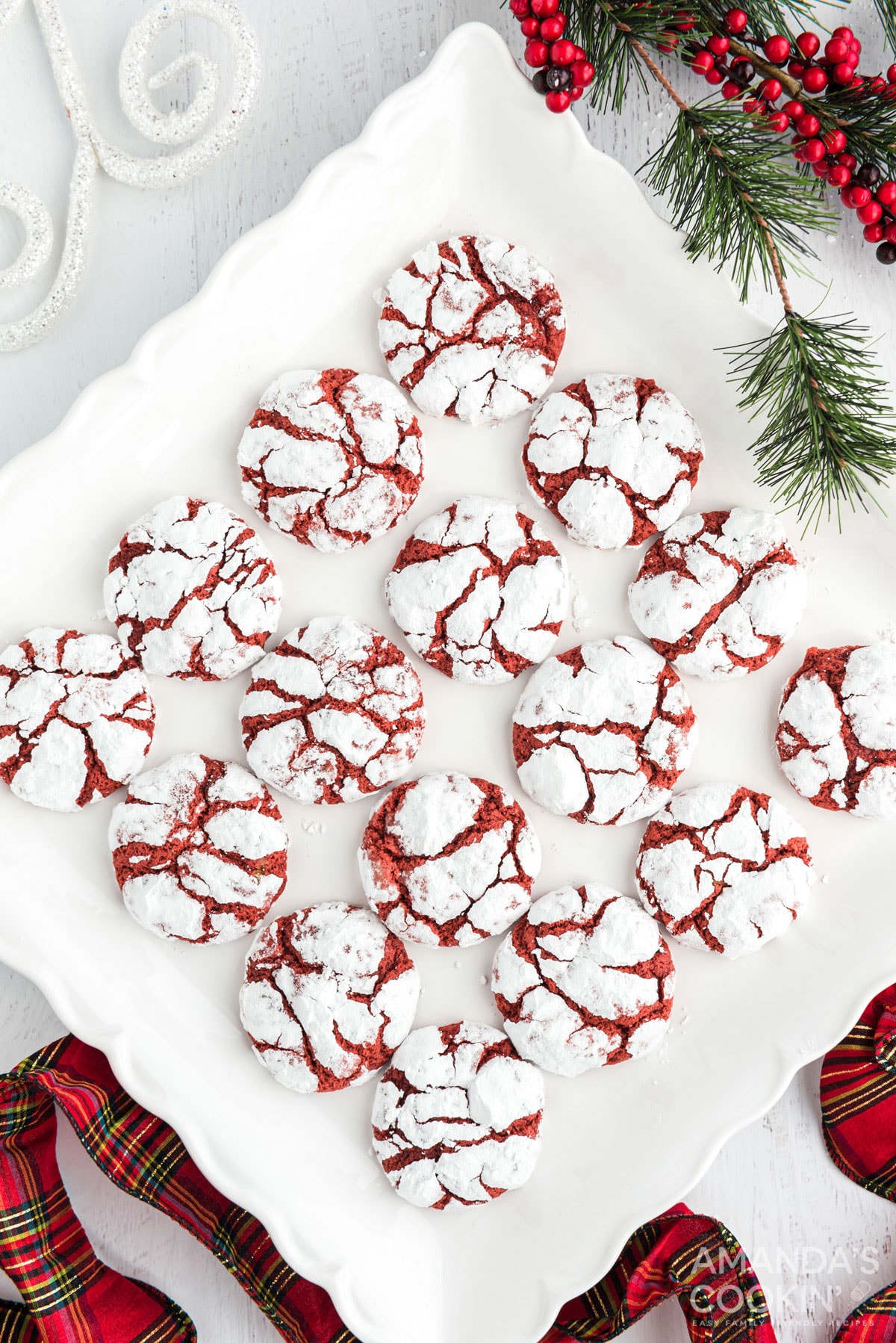 plate of red velvet crinkle cookies