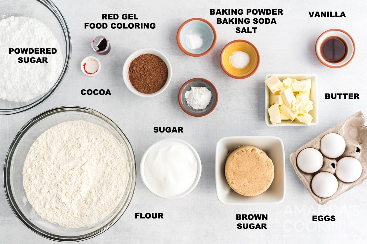 labeled ingredients for red velvet crinkle cookies