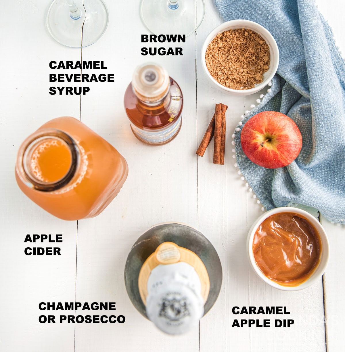 labeled ingredients for caramel apple mimosas