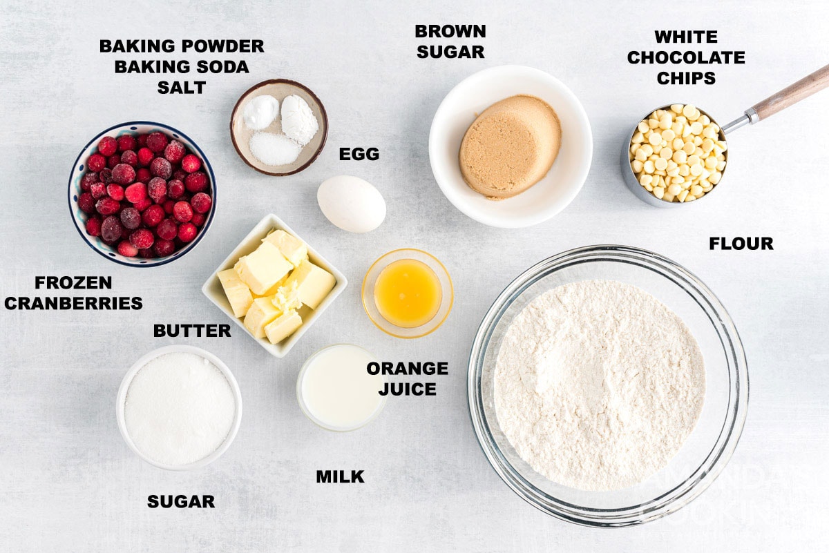 labeled ingredients for White Chocolate Cranberry Cookies