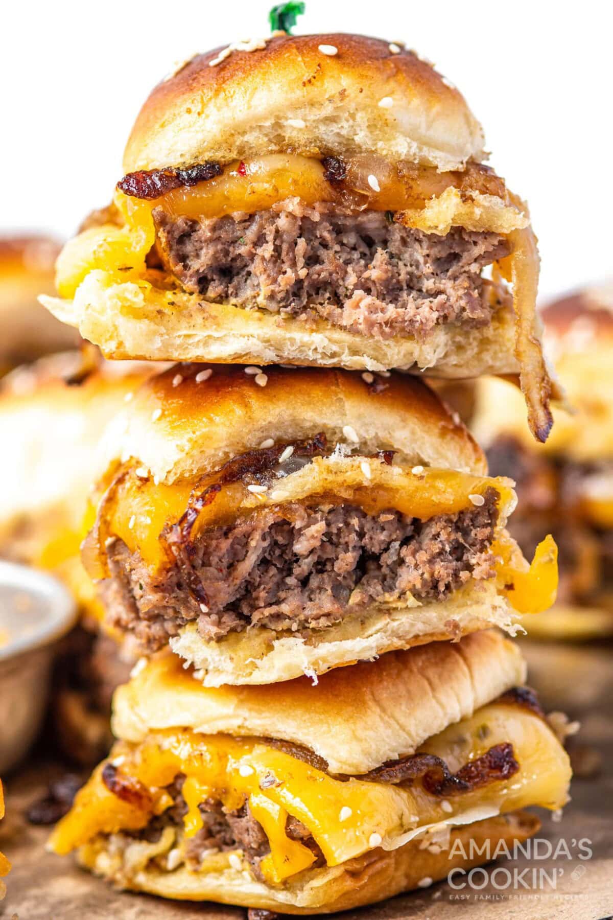 cheeseburger sliders stacked up