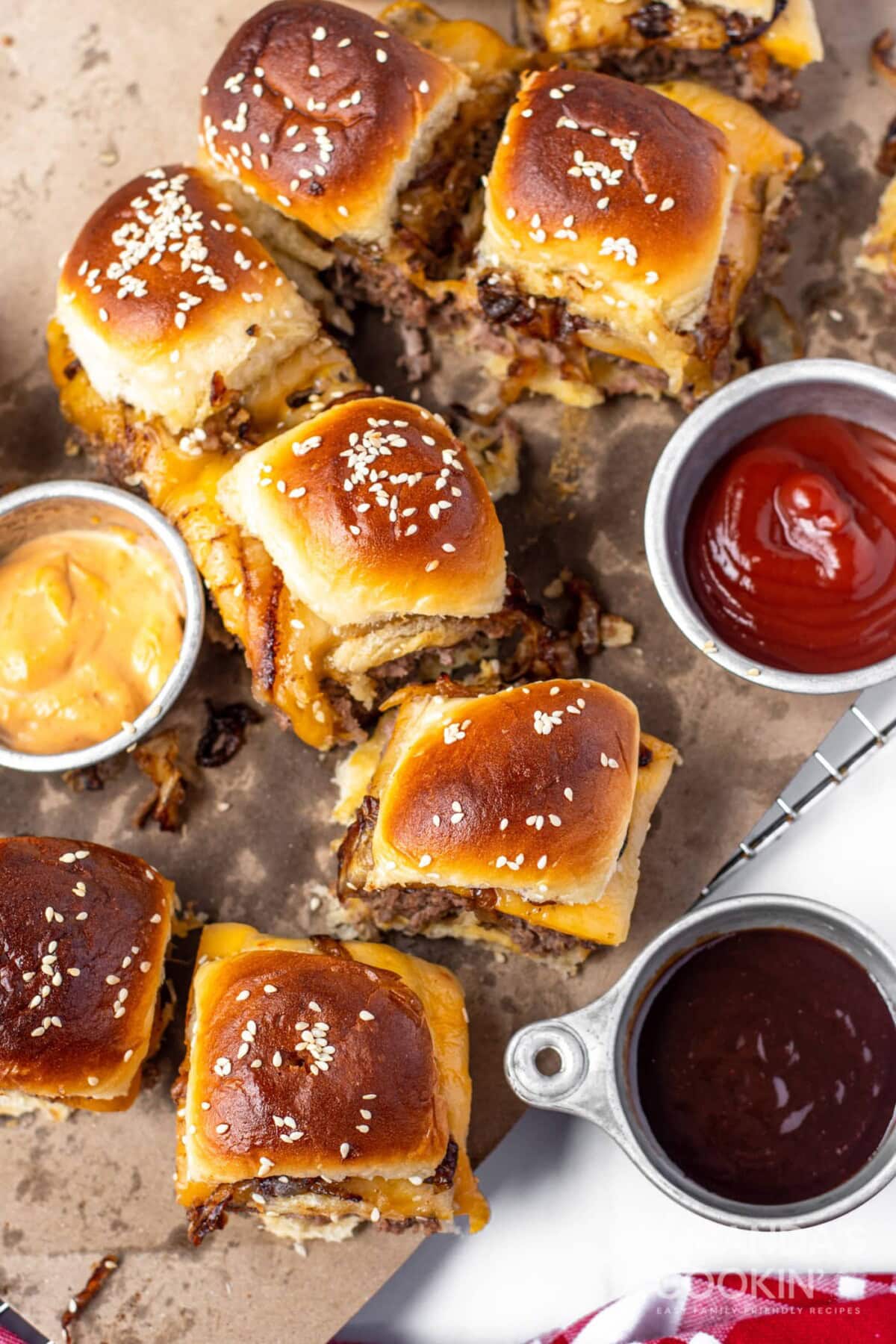 overhead view of cheeseburger sliders