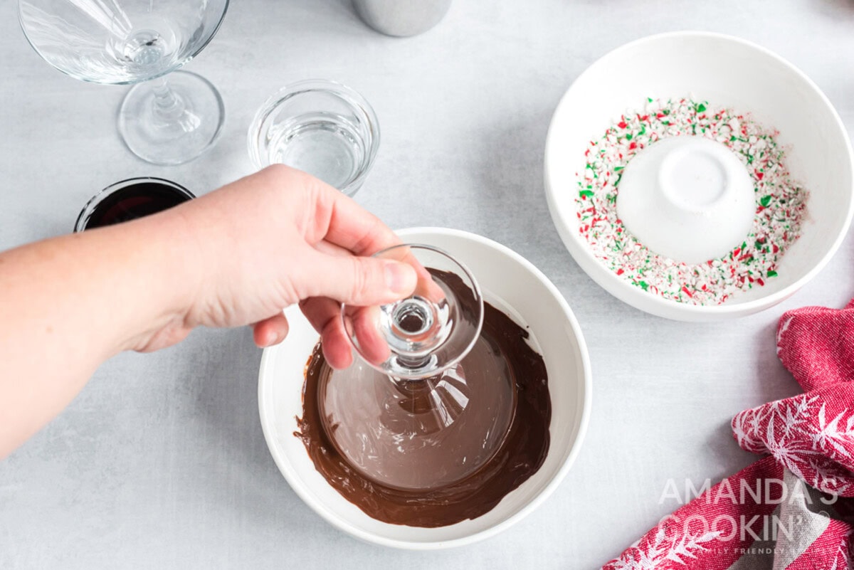 dipping martini glass rim in chocolate
