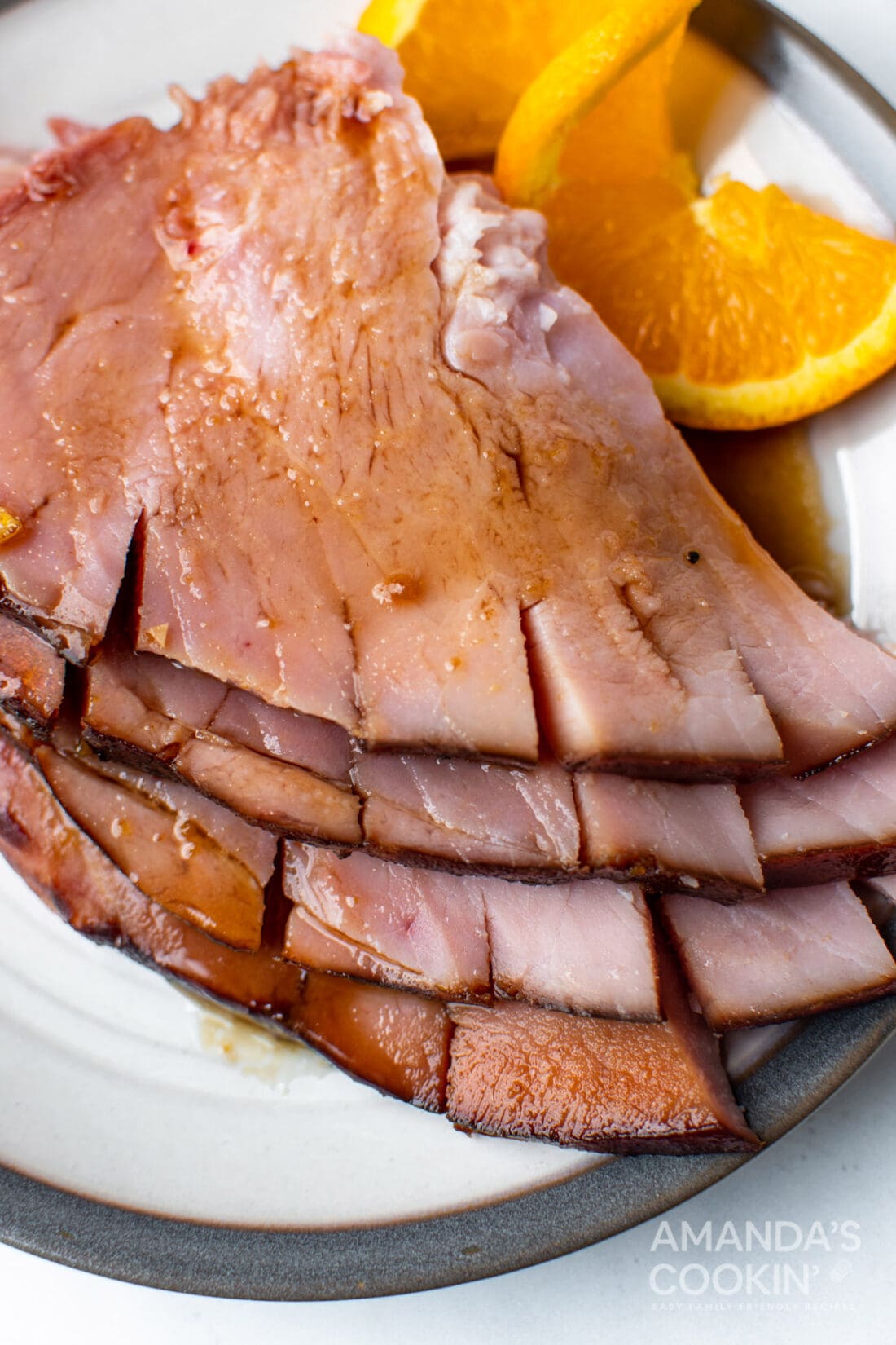 sliced glazed ham on plate