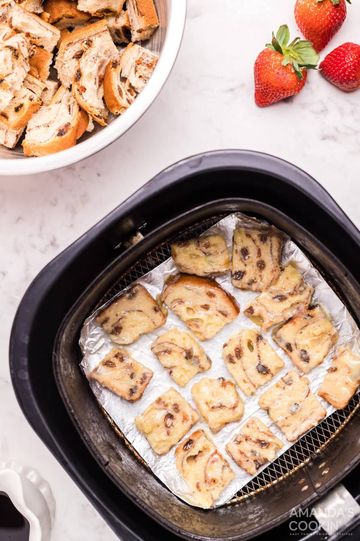 bread squares in air fryer basket