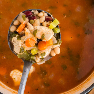 ladle full of chicken bean soup