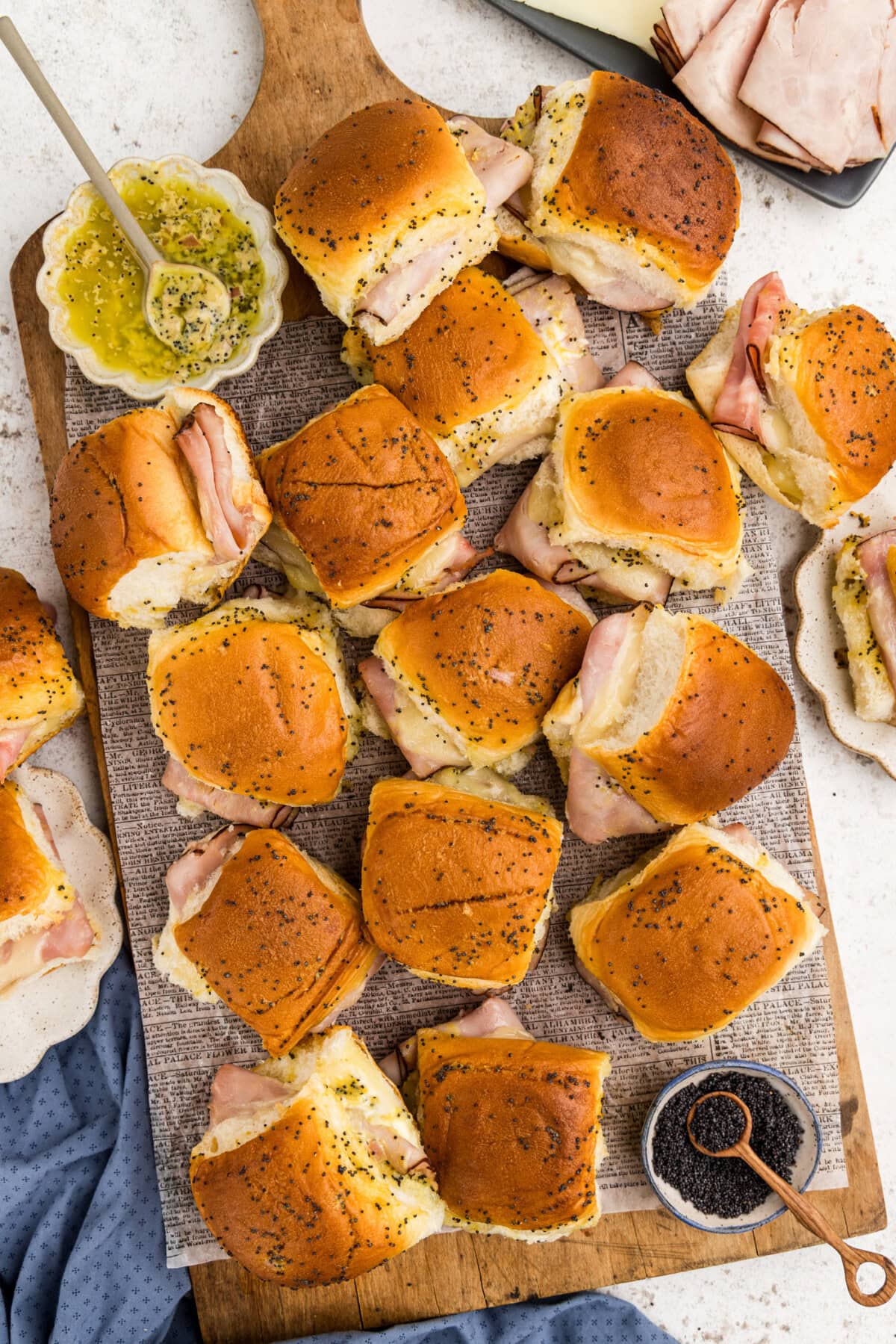 overhead of ham and cheese sliders