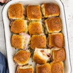 overhead photo of a pan of ham and cheese sliders
