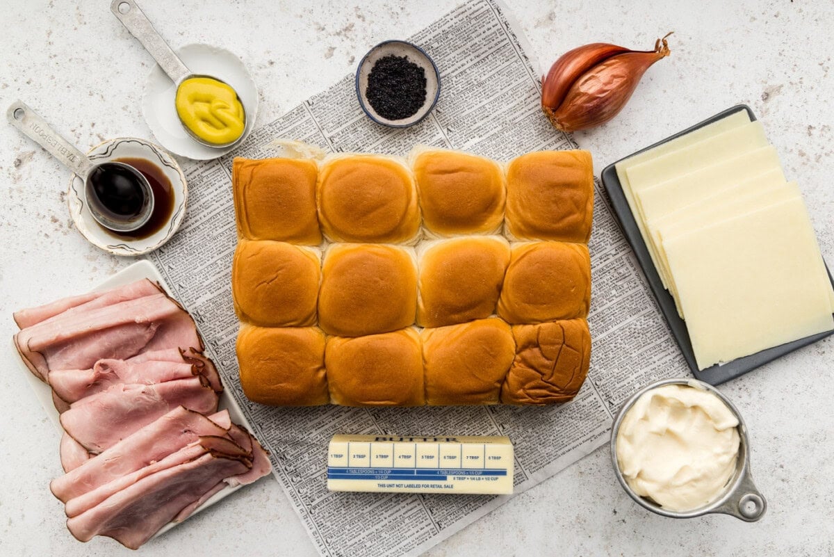 ingredients to make ham and cheese sliders