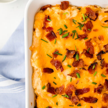 close up overhead photo of potato casserole