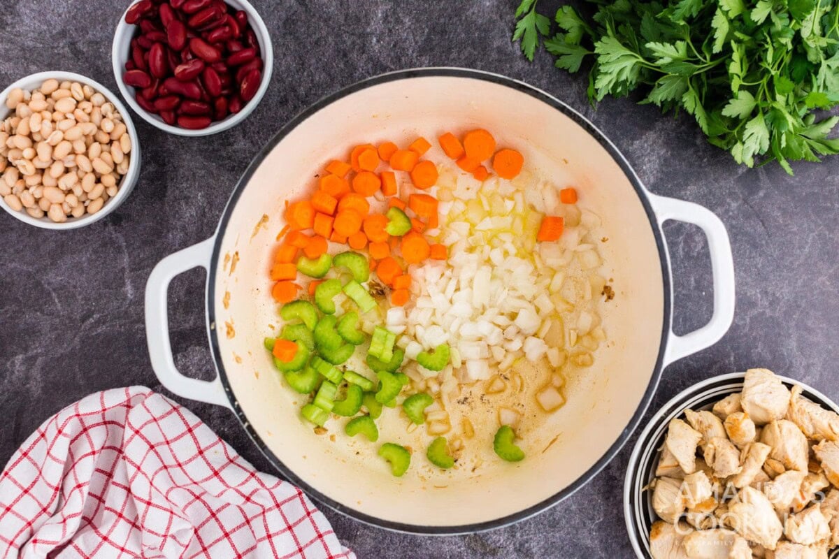 browning onion, carrots and celery sauté in dutch oven