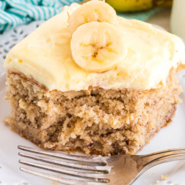 slice of banana cake on a white plate