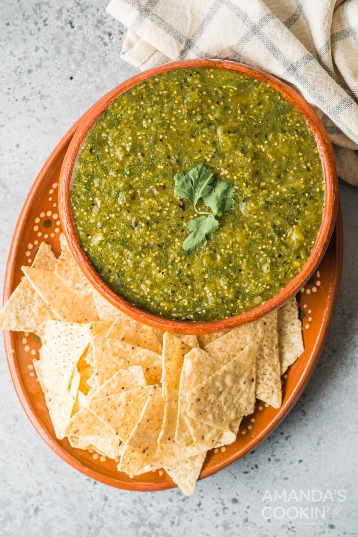 bowl of salsa verde with tortilla chips