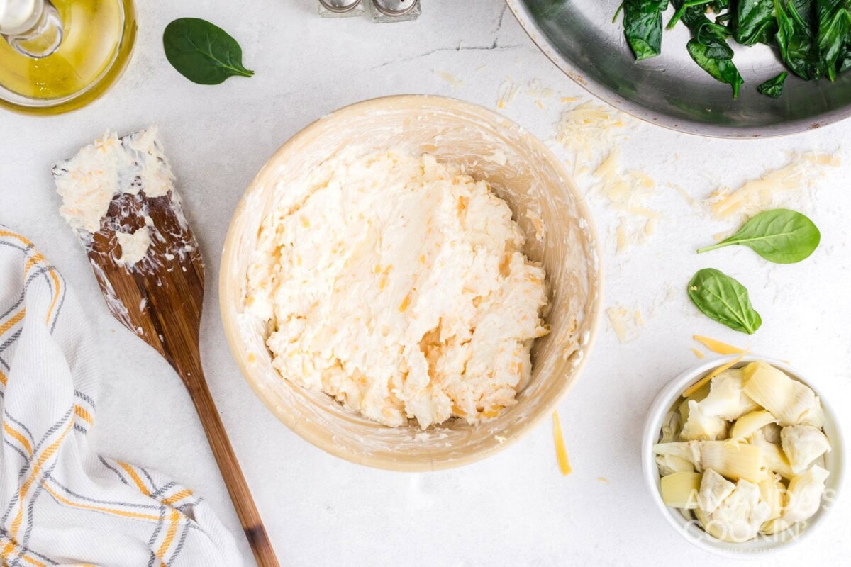 cream cheese mayo mixture in a mixing bowl