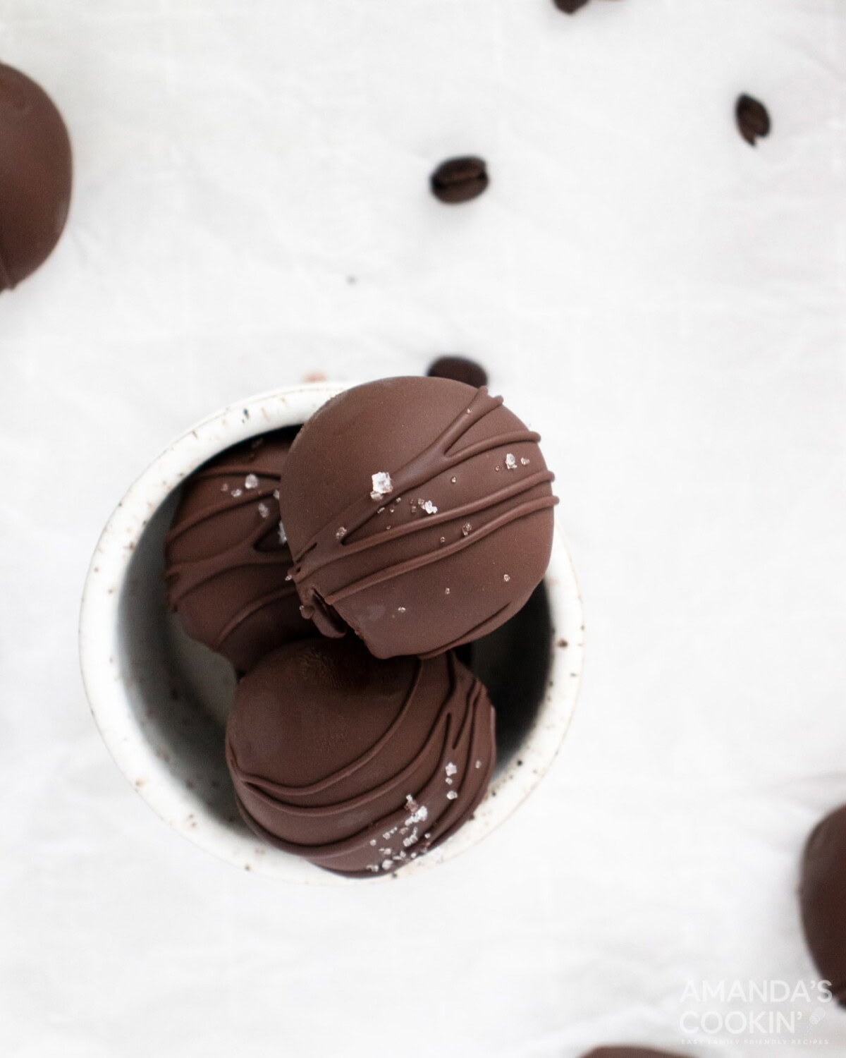 over head photo of mocha truffles in a dish