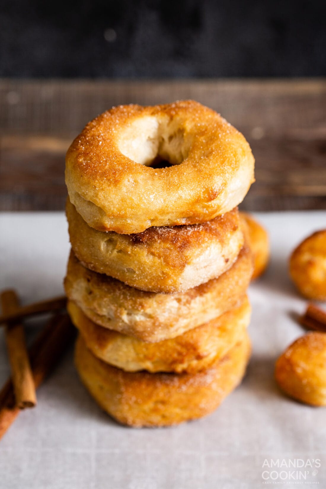 stack of cinnamon sugar air fryer donuts