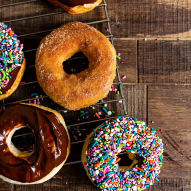 overhead view of air fryer donuts