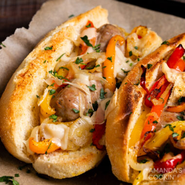 Air Fryer Italian Sausage and Peppers on a toasted bun