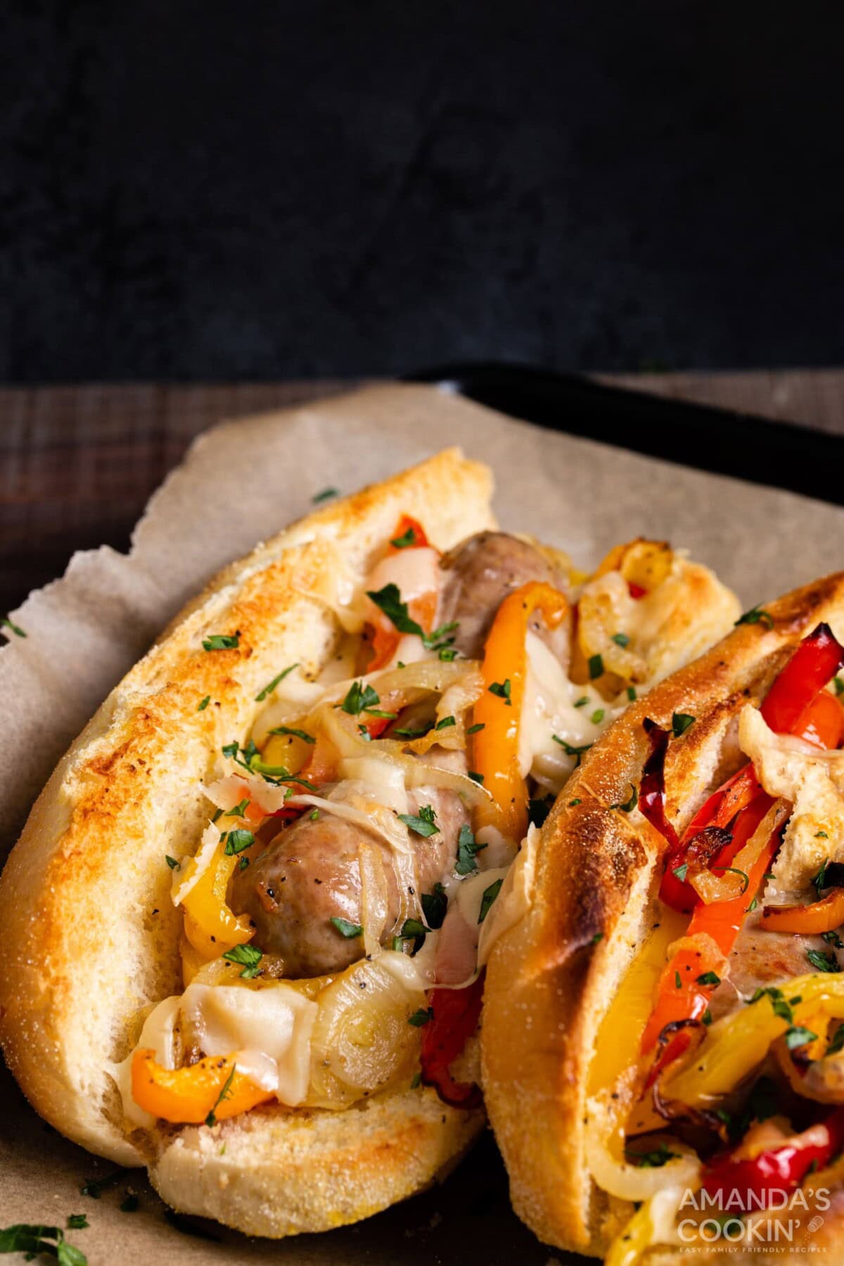 Air Fryer Italian Sausage and Peppers on a bun