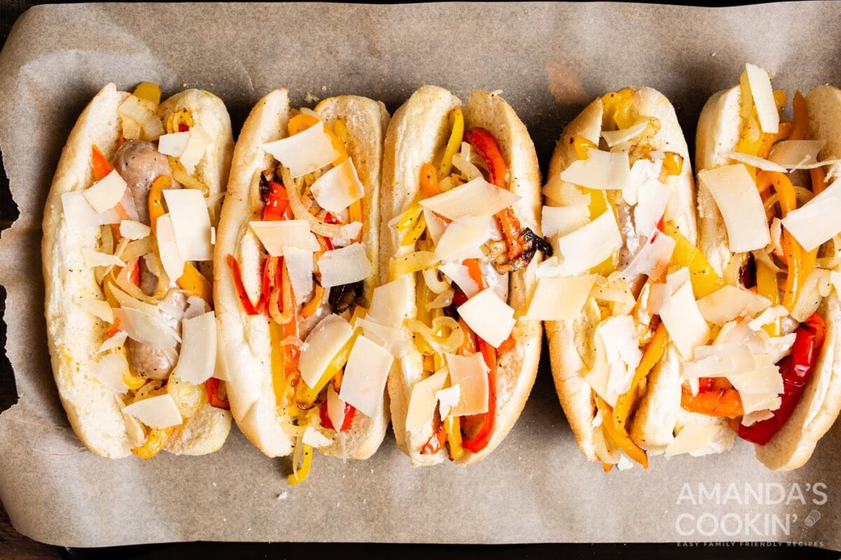 air fryer sausage and pepper in buns ready for the broiler