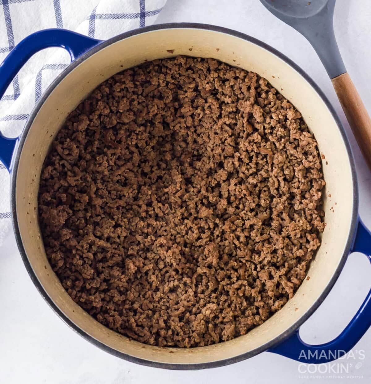 browned ground beef in a large pot